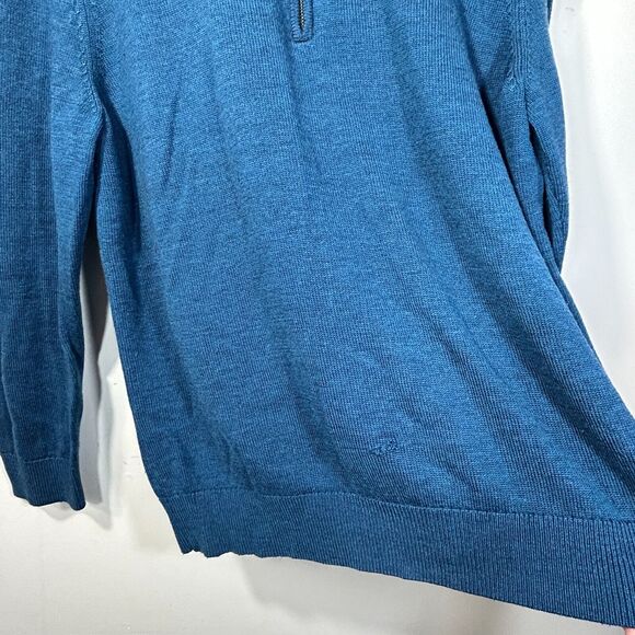 LL Bean 1/4 Zip Merino Wool Sweater Mens L Pullover Blue Repair Lower Front - Picture 2 of 7